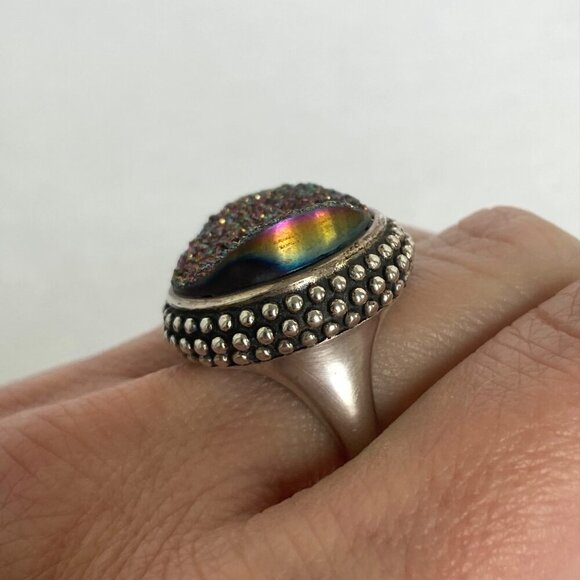 Sterling Silver 925 FD Felecia Designs Round Titanium Aura Druzy Ring Size 7 - Picture 2 of 16